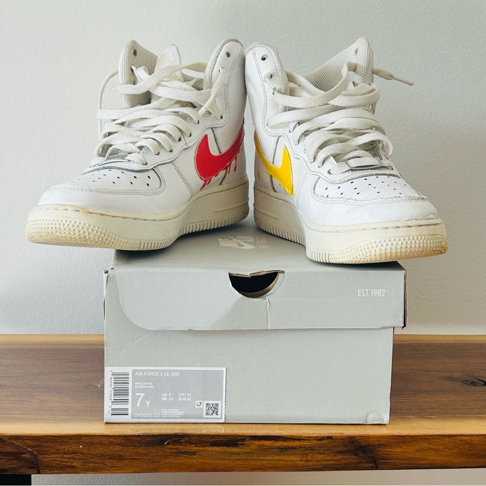 Nike Air Force 1 Kids High Top Sneakers - hand painted with Red and Yellow drip